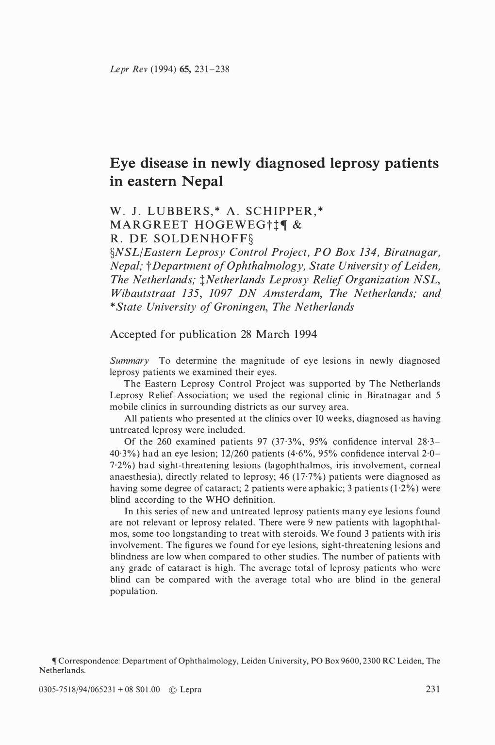 Eye Disease in Newly Diagnosed Leprosy Patients in Eastern Nepal W