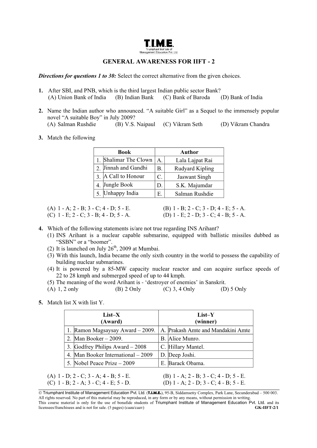 General Awareness for Iift - 2