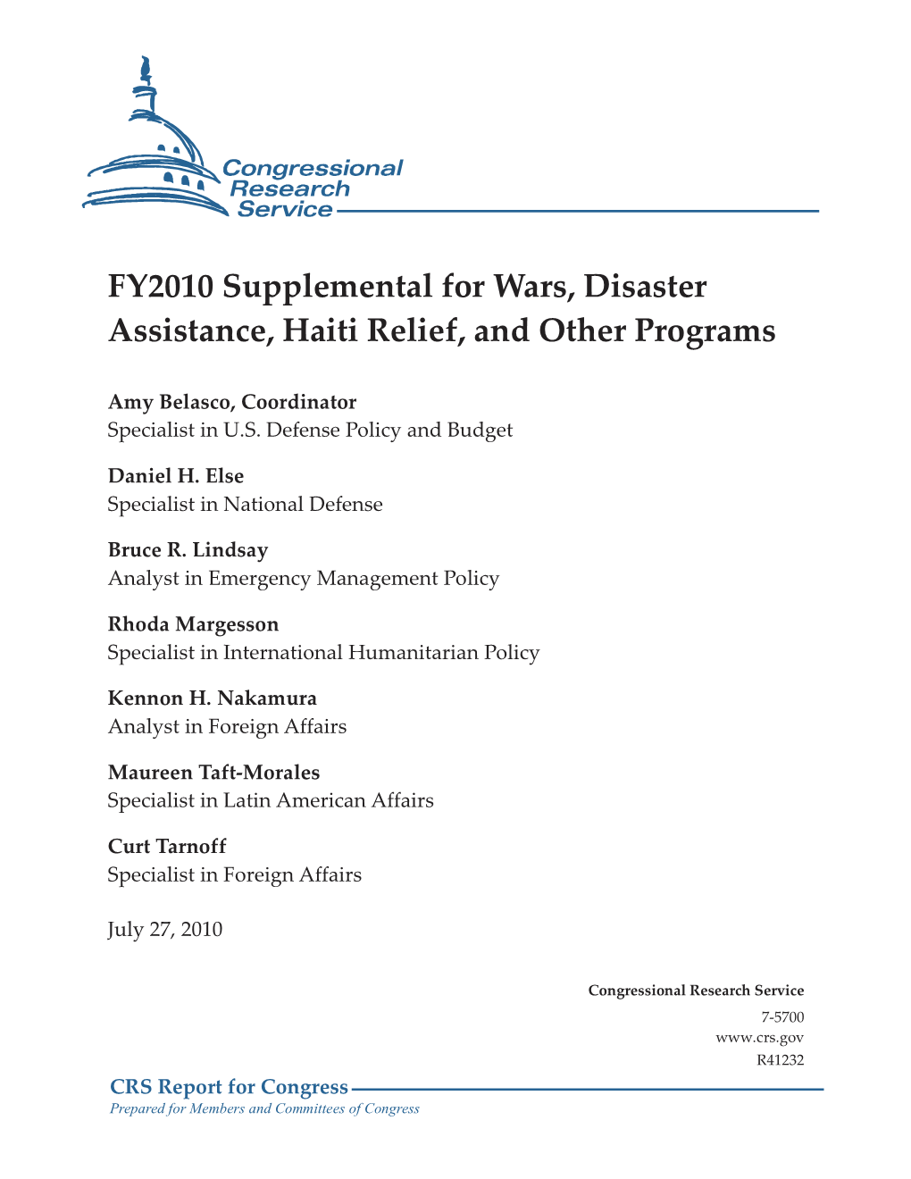 FY2010 Supplemental for Wars, Disaster Assistance, Haiti Relief, and Other Programs