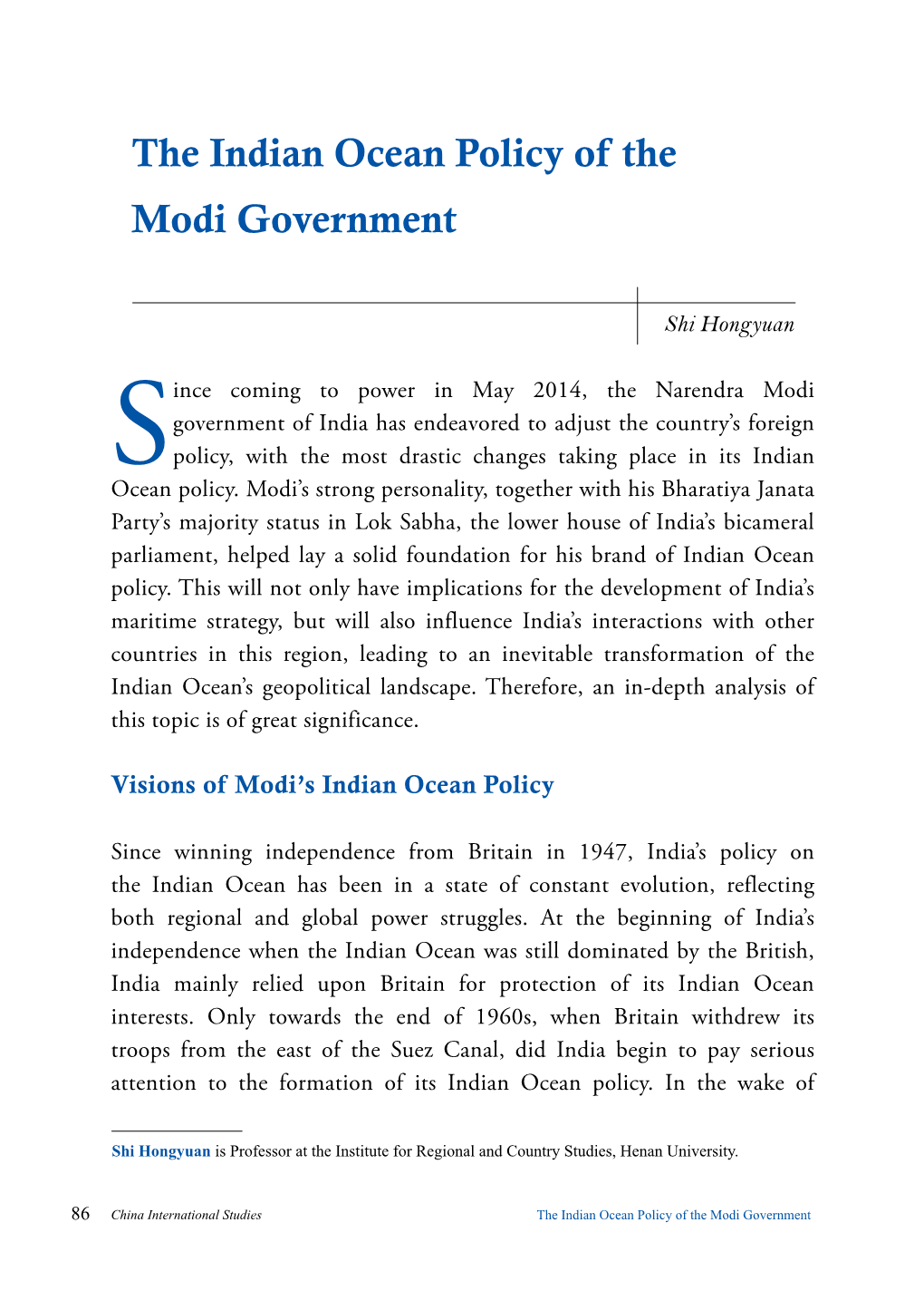 The Indian Ocean Policy of the Modi Government