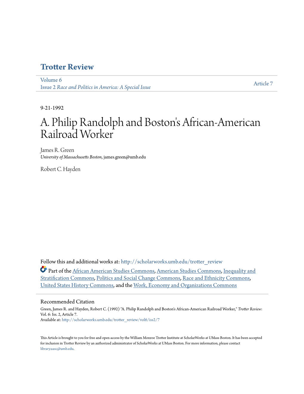 A. Philip Randolph and Boston's African-American Railroad Worker James R