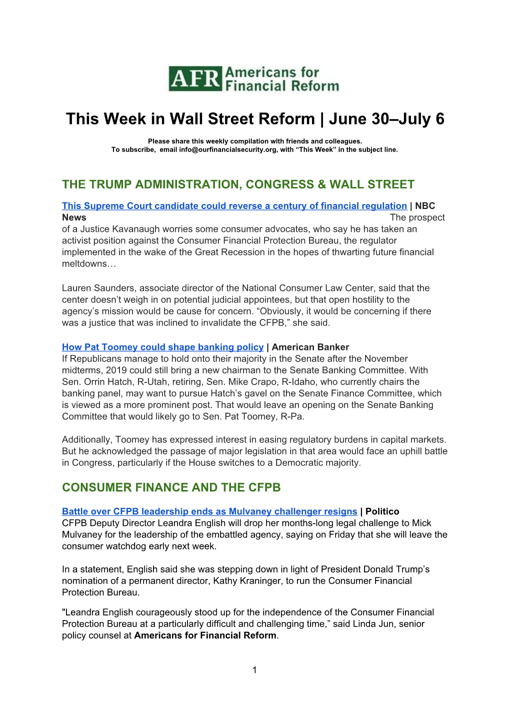 This​ ​Week​ ​In​ ​Wall​ ​Street​ ​Reform​ ​|​ June 30–July 6