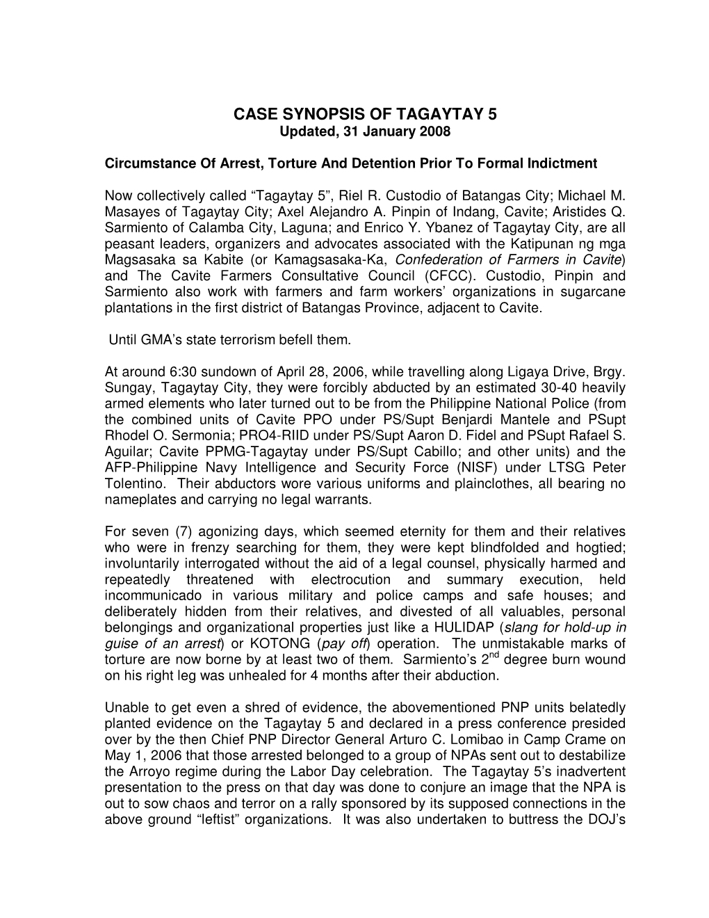 CASE SYNOPSIS of TAGAYTAY 5 Updated, 31 January 2008