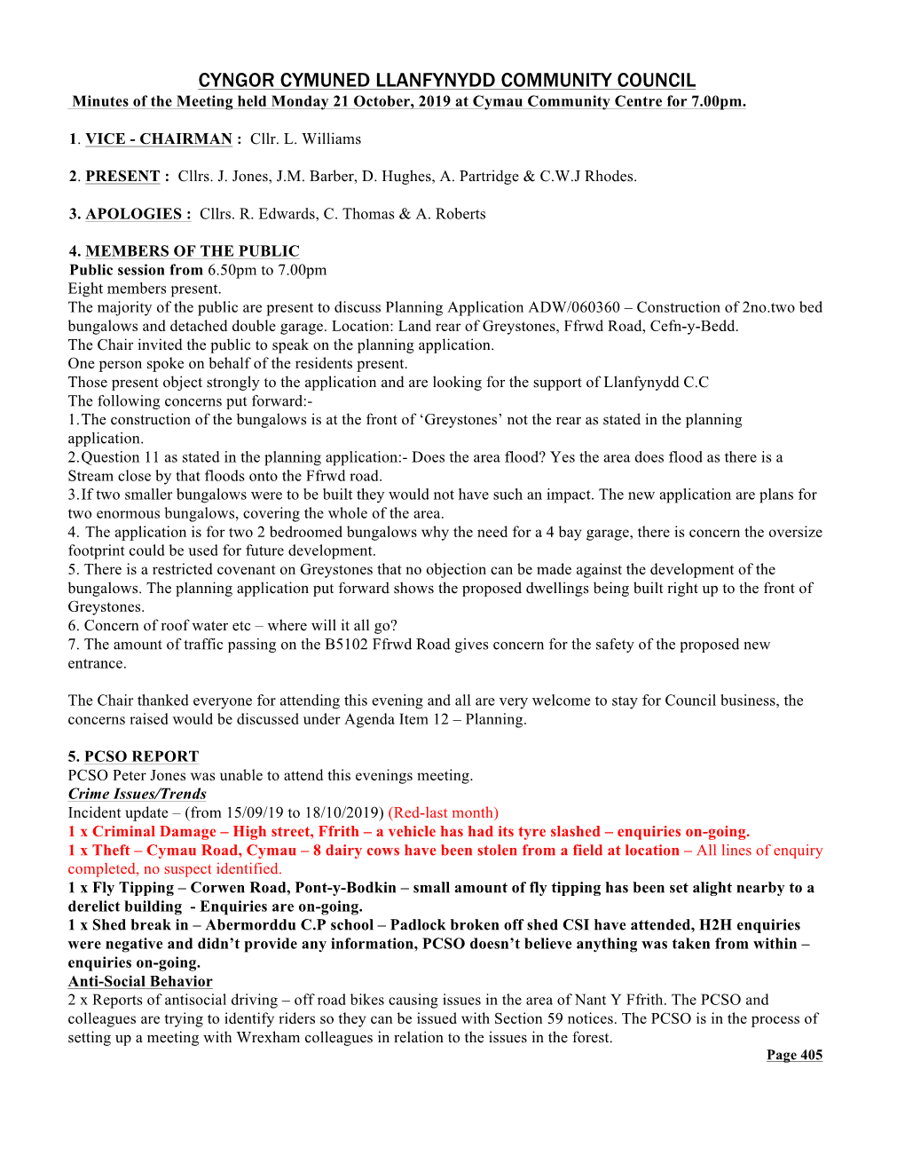 CYNGOR CYMUNED LLANFYNYDD COMMUNITY COUNCIL Minutes of the Meeting Held Monday 21 October, 2019 at Cymau Community Centre for 7.00Pm