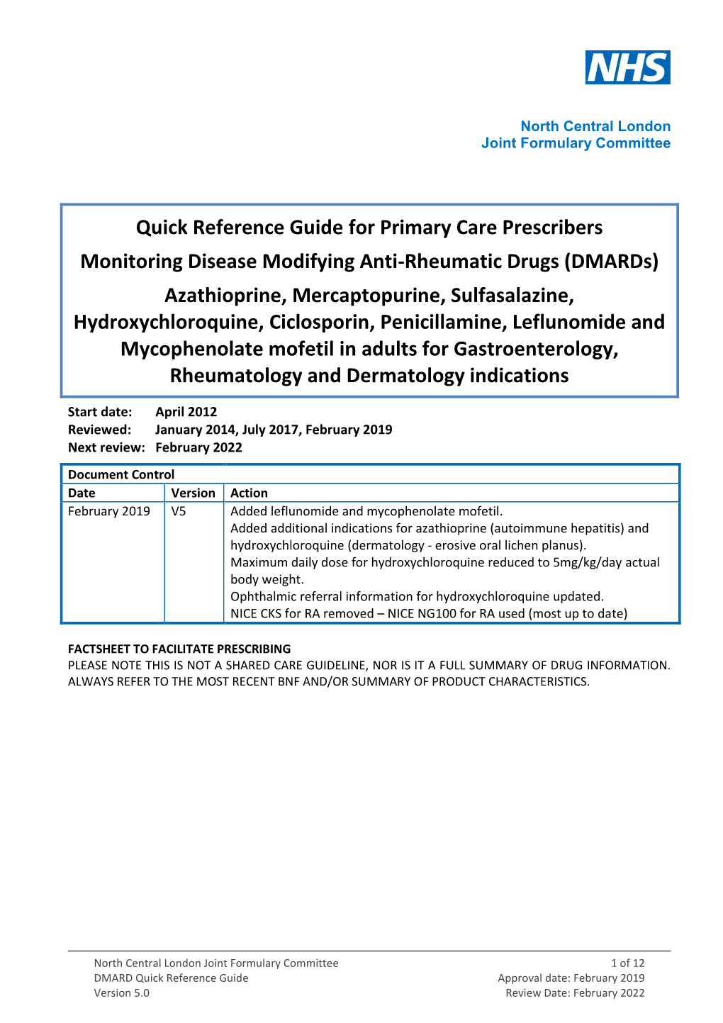 NCL Quick Reference Guide for Primary Care Prescribers Dmards