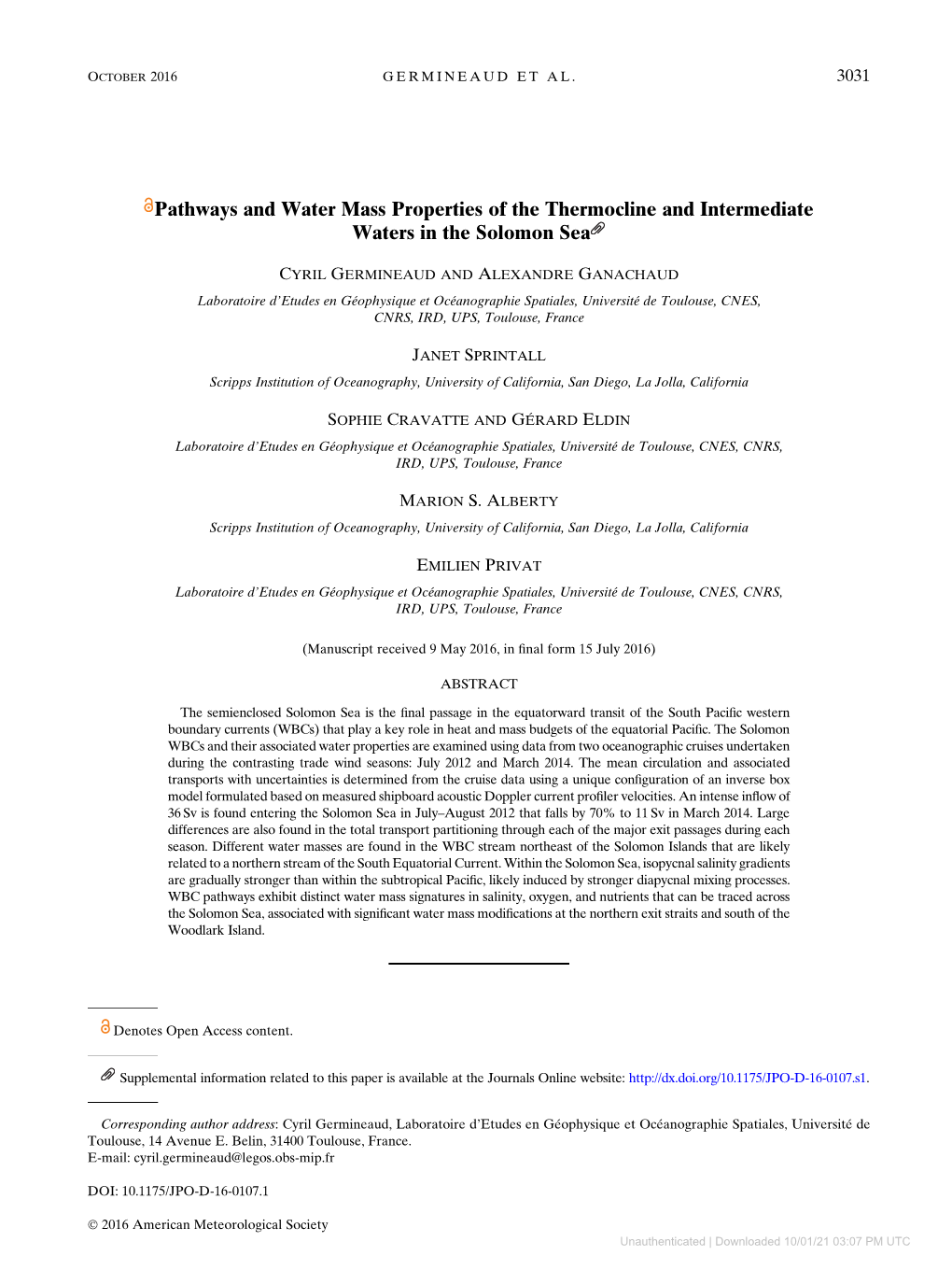 Pathways and Water Mass Properties of the Thermocline and Intermediate Waters in the Solomon Sea