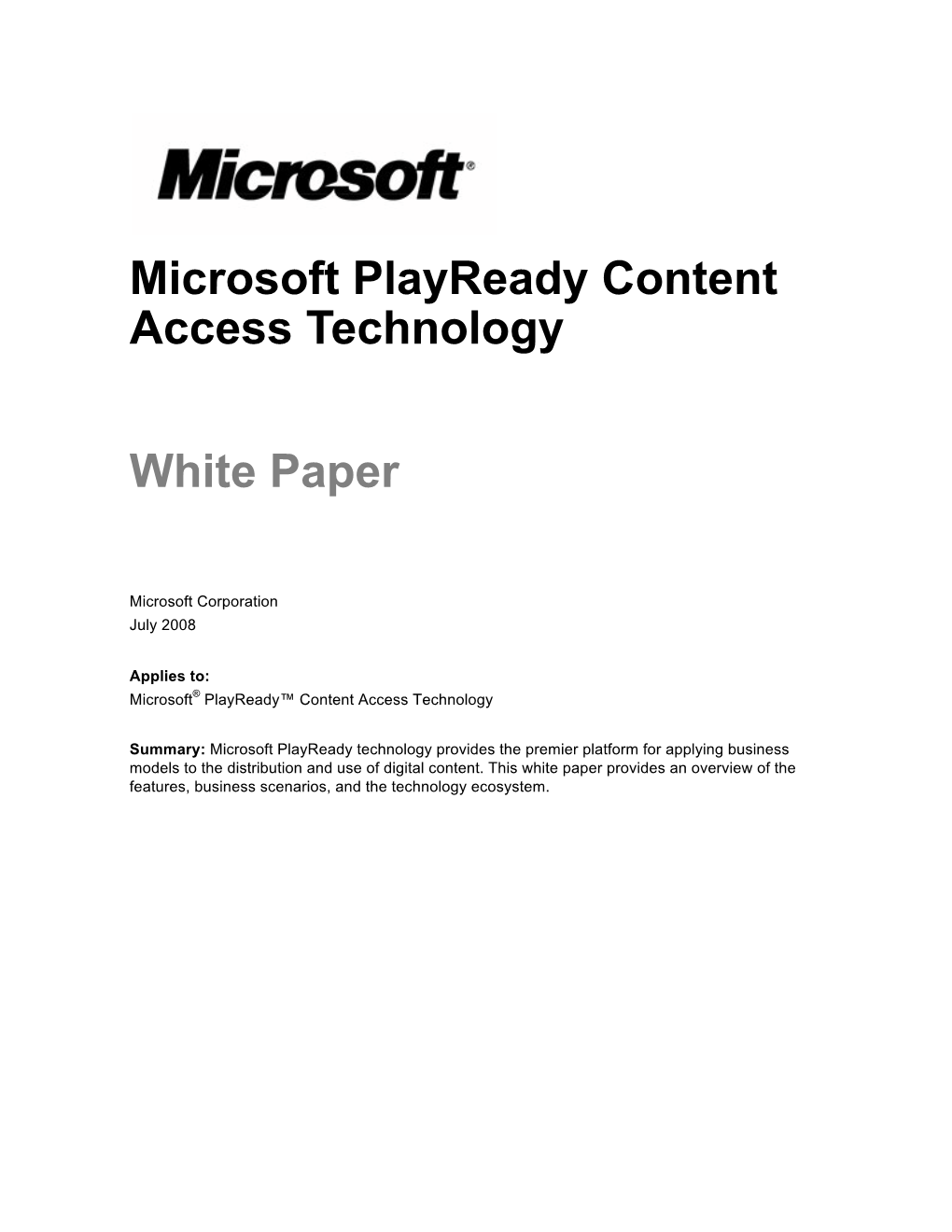 Microsoft Playready Content Access Technology White Paper