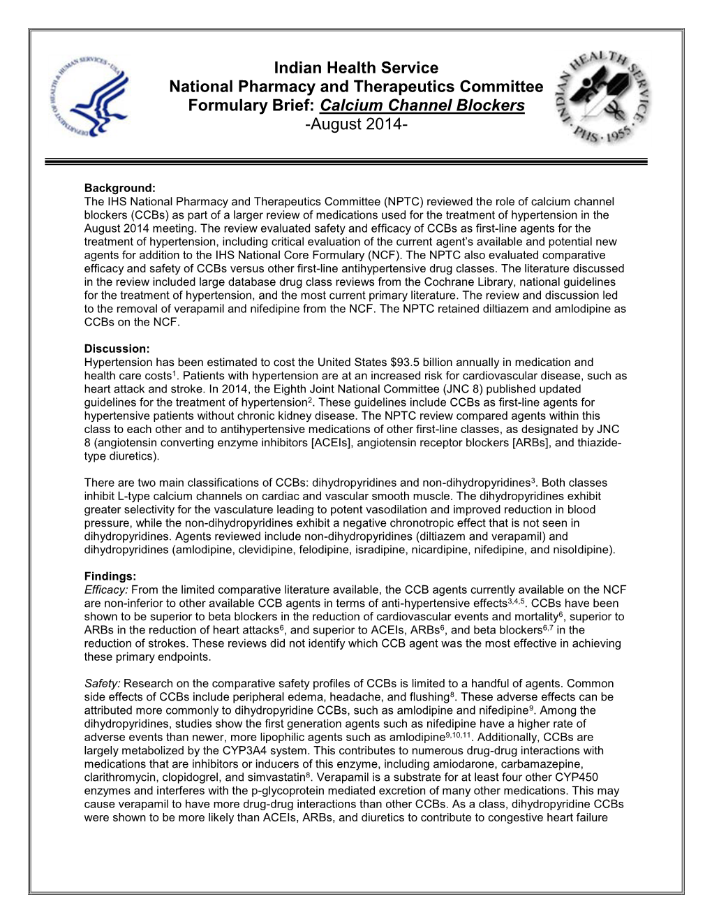 IHS NPTC Formulary Brief: Calcium Channel Blockers August 2014