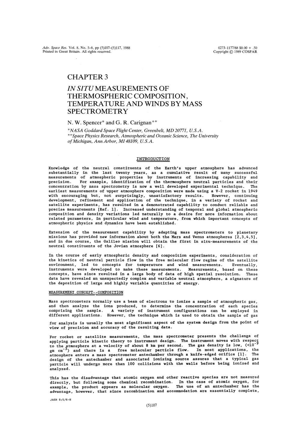 Chapter 3 in Situ Measurements of Thermospheric Composition, Temperature and Winds by Mass Spectrometry