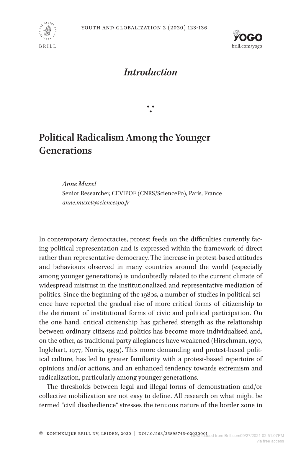 Introduction Political Radicalism Among the Younger Generations