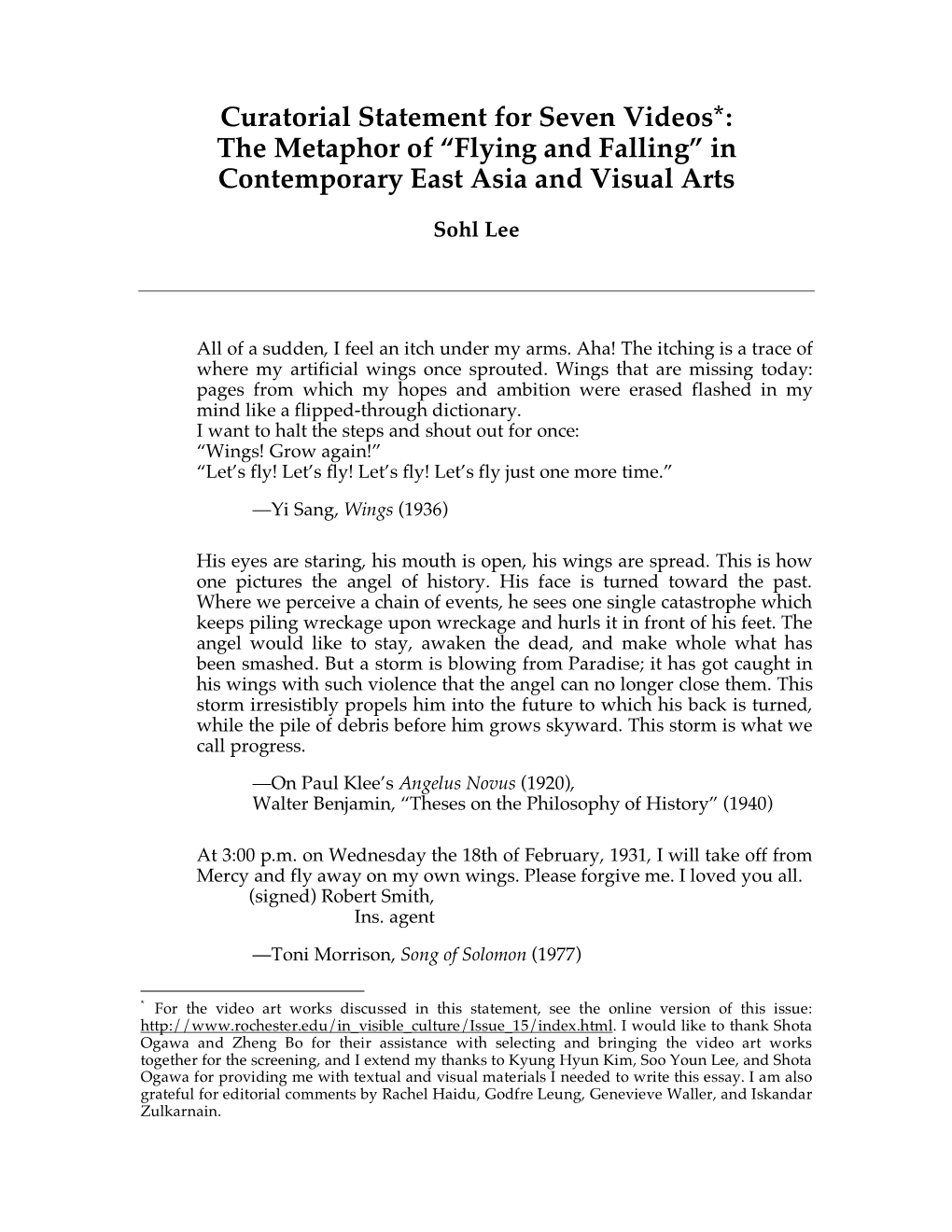 Curatorial Statement for Seven Videos*: the Metaphor of “Flying and Falling” in Contemporary East Asia and Visual Arts