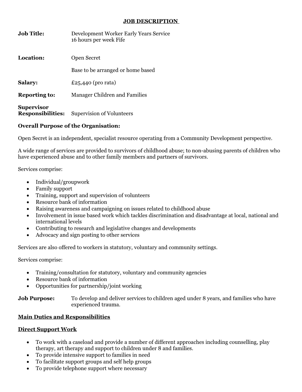 Job Title: Development Worker Early Years Service