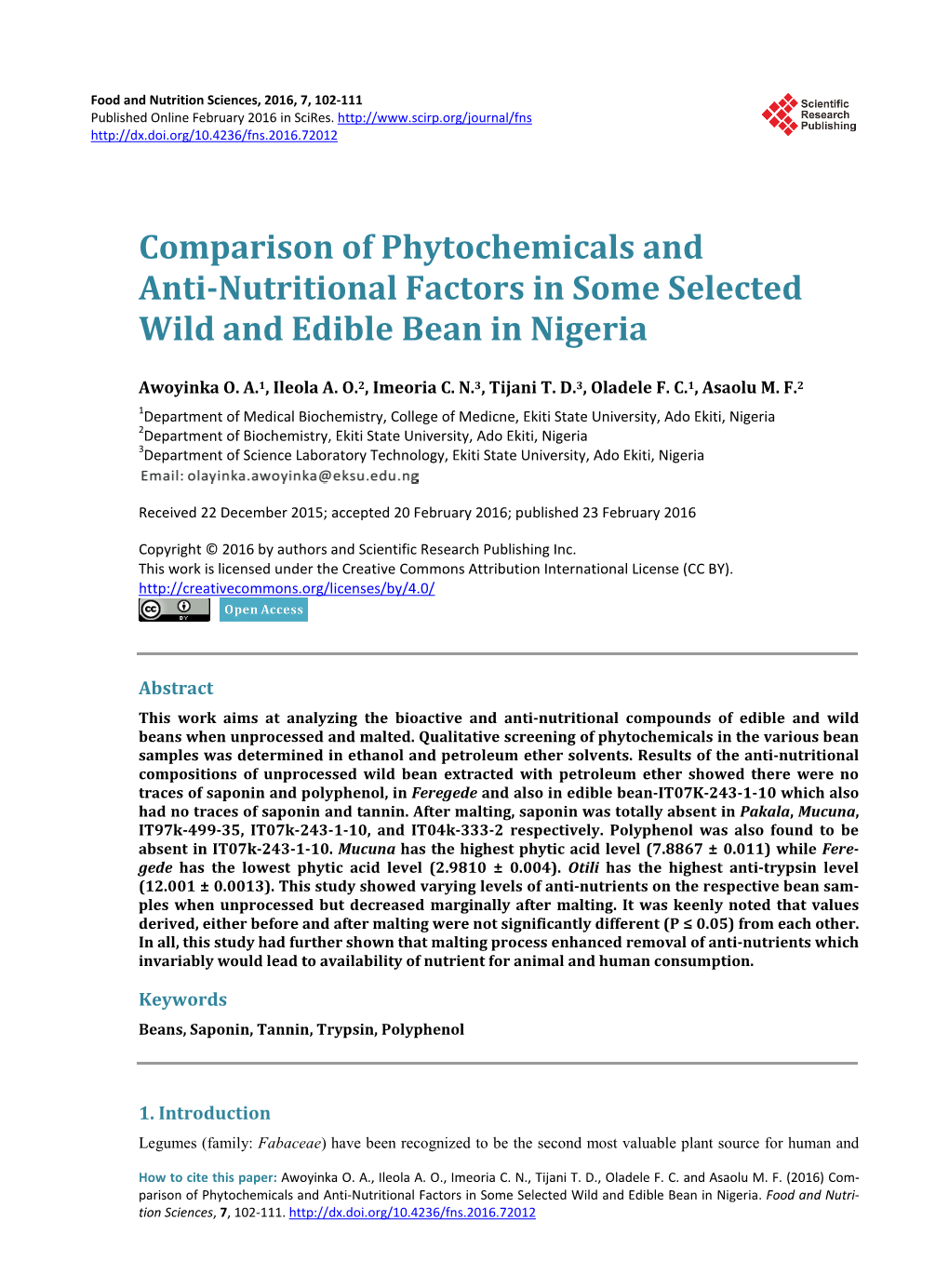 Comparison of Phytochemicals and Anti-Nutritional Factors in Some Selected Wild and Edible Bean in Nigeria