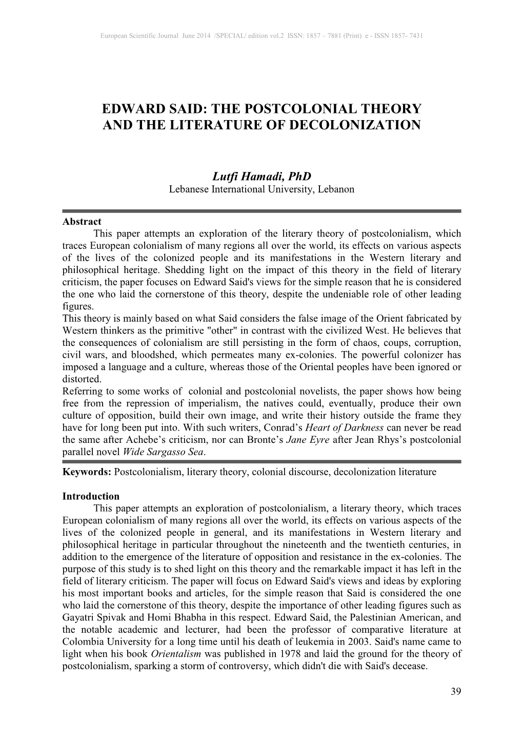 Edward Said: the Postcolonial Theory and the Literature of Decolonization