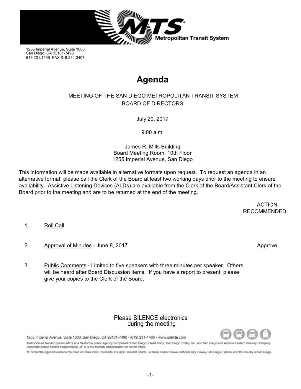 July 20, 2017, MTS Board of Directors Meeting Agenda and Materials