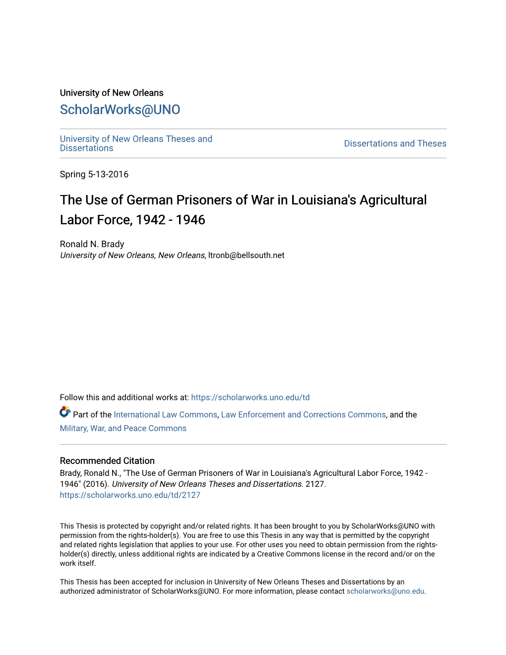 The Use of German Prisoners of War in Louisiana's Agricultural Labor Force, 1942 - 1946