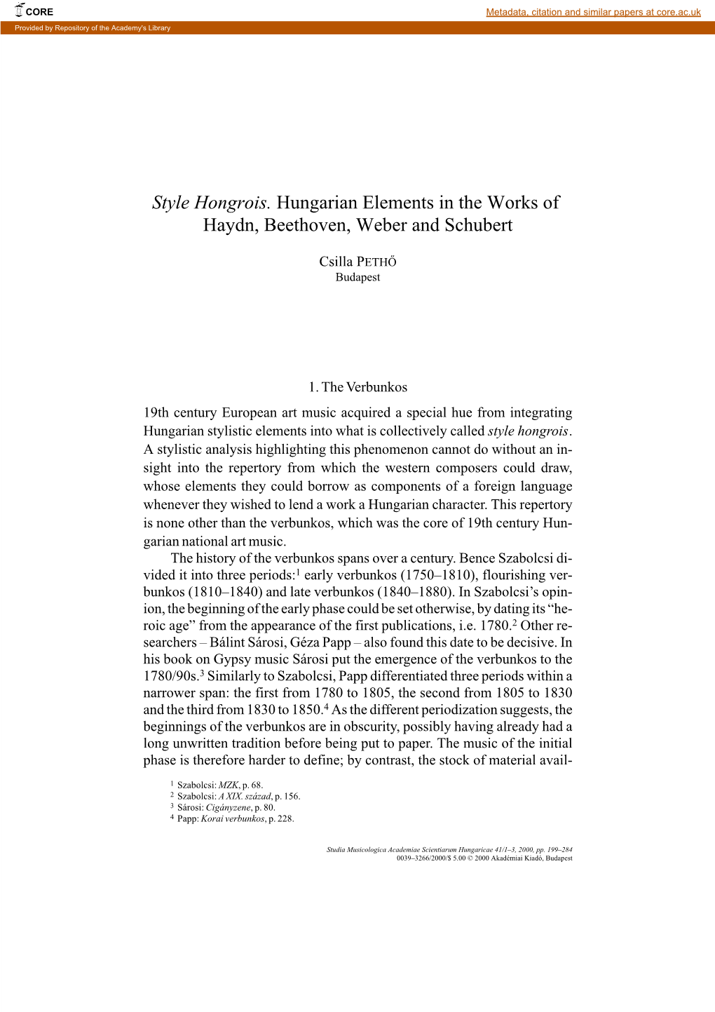 Style Hongrois. Hungarian Elements in the Works of Haydn, Beethoven, Weber and Schubert