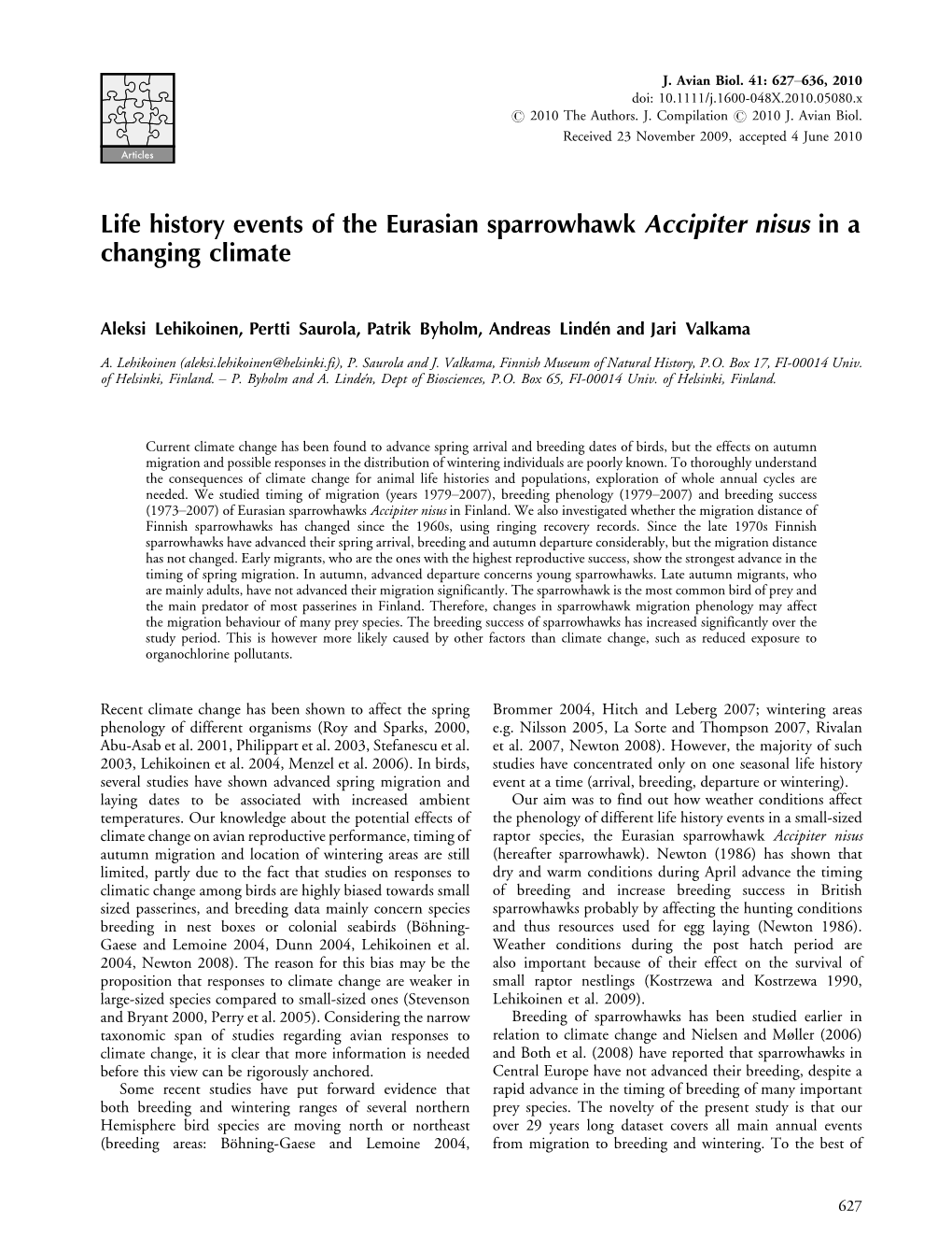 Life History Events of the Eurasian Sparrowhawk Accipiter Nisus in a Changing Climate