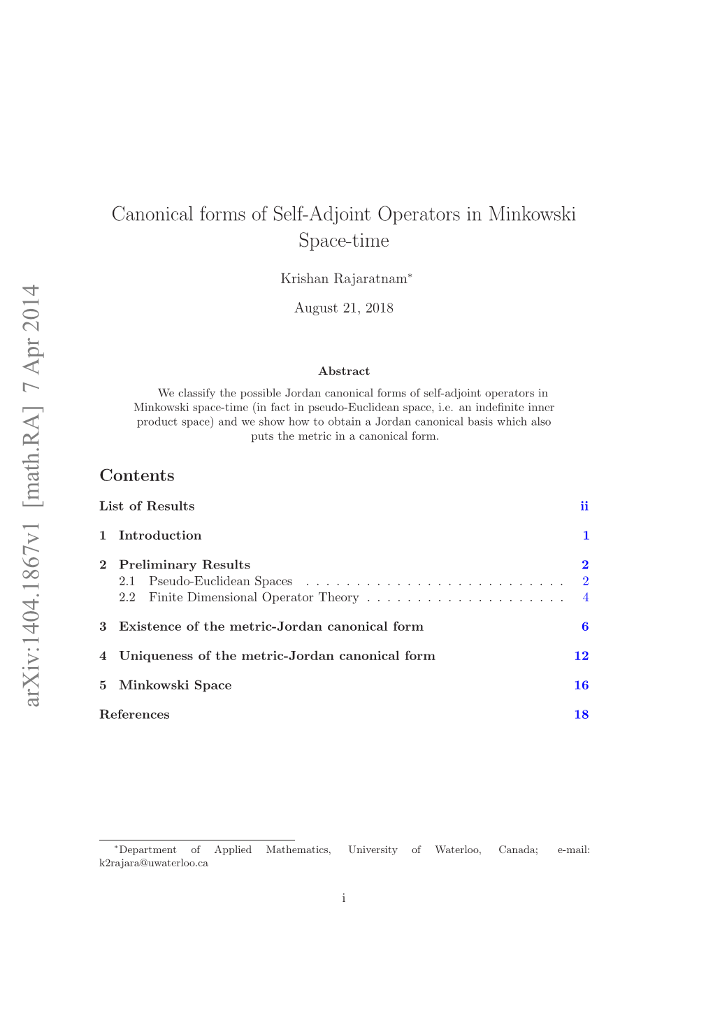 Canonical Forms of Self-Adjoint Operators in Minkowski Space-Time