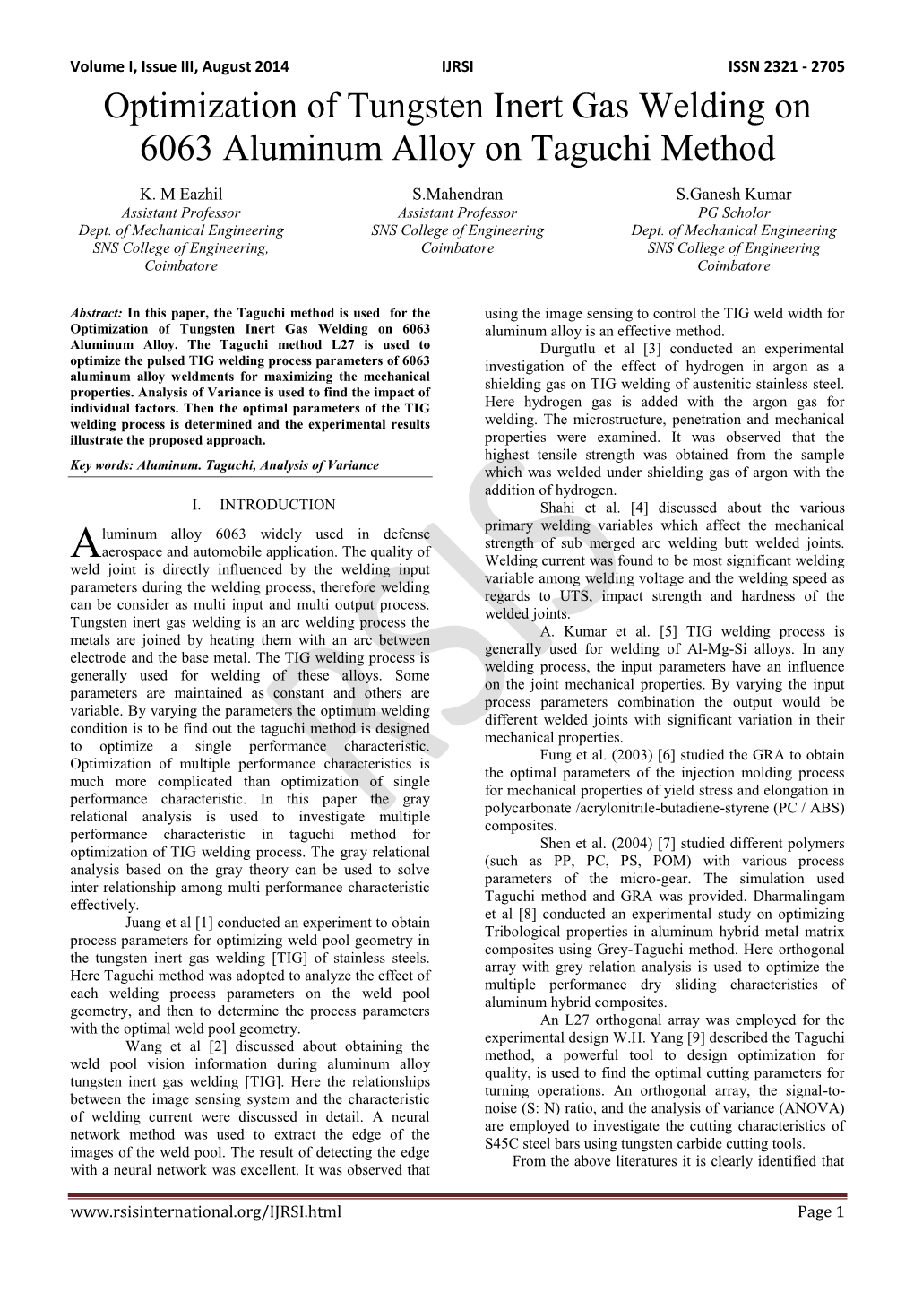 Optimization of Tungsten Inert Gas Welding on 6063 Aluminum Alloy on Taguchi Method