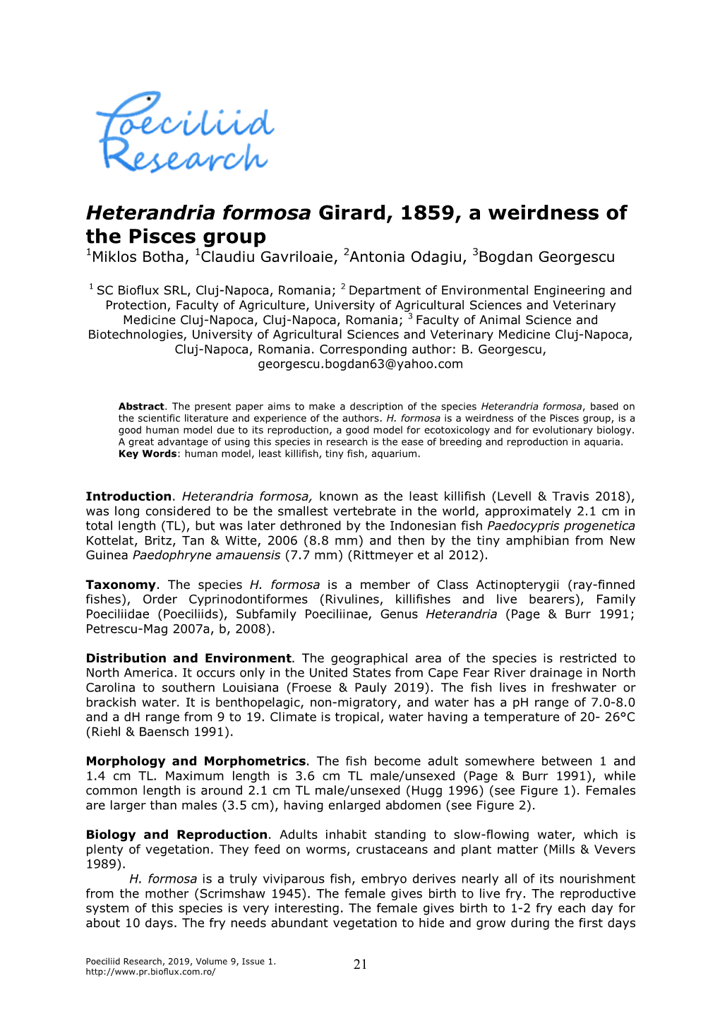 Botha M., Gavriloaie C., Odagiu A., Georgescu B., 2019 Heterandria Formosa Girard, 1859, a Weirdness of the Pisces Group