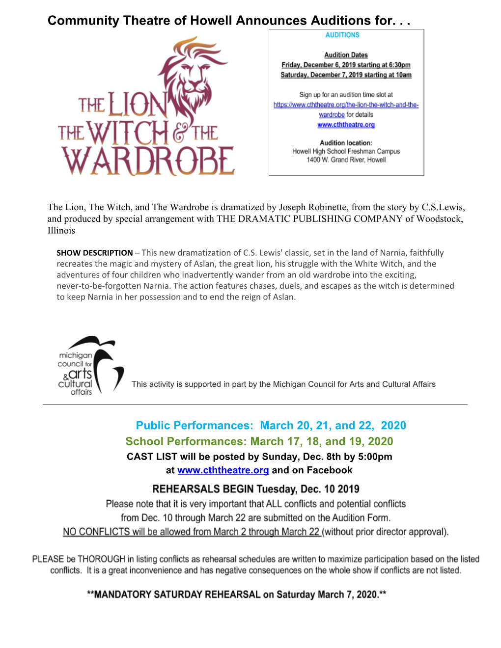 Community Theatre of Howell Announces Auditions For