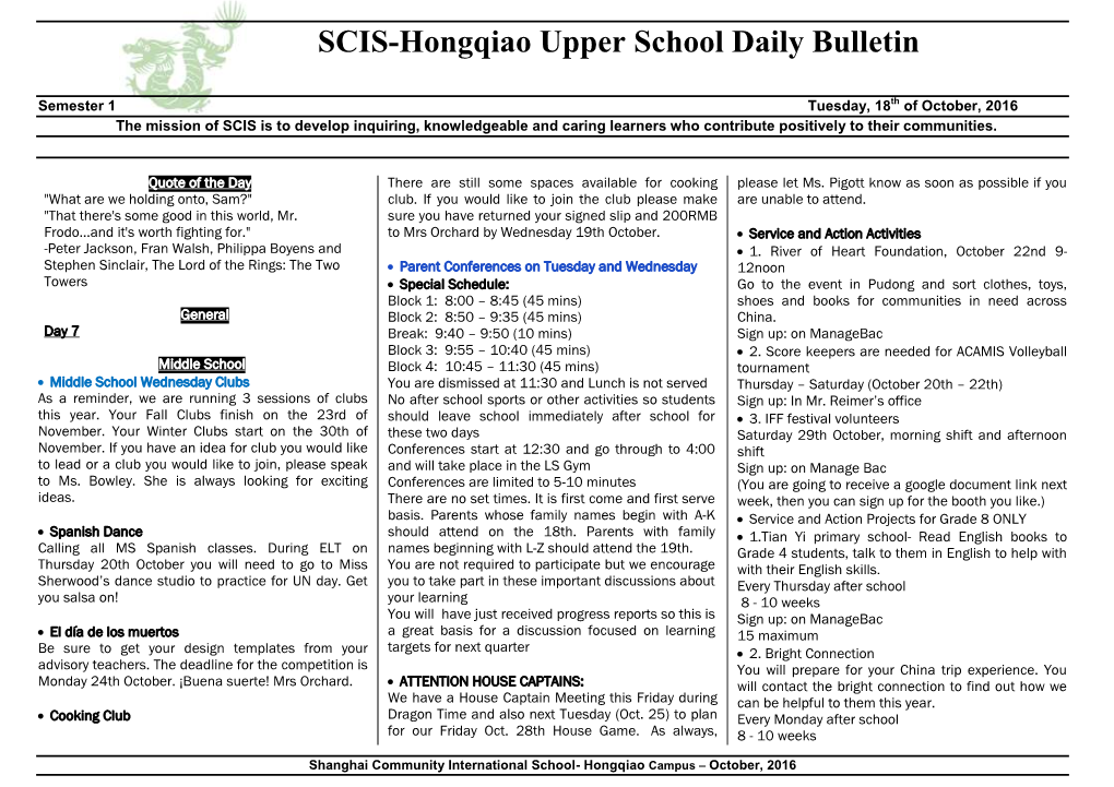 SCIS-Hongqiao Upper School Daily Bulletin