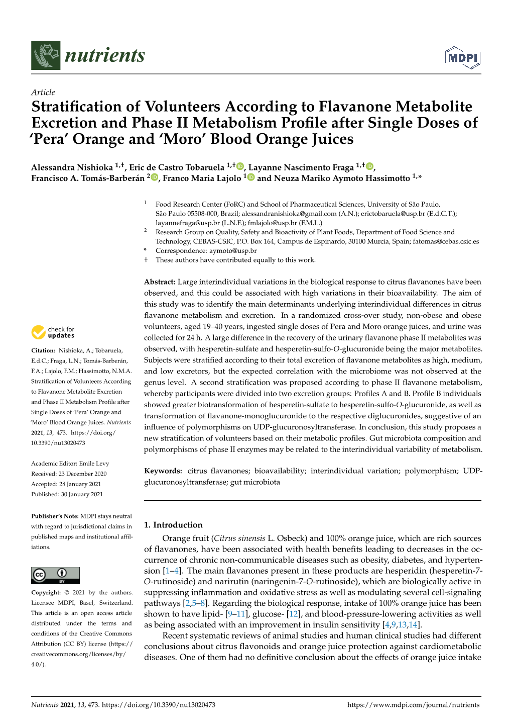 Stratification of Volunteers According to Flavanone Metabolite Excretion