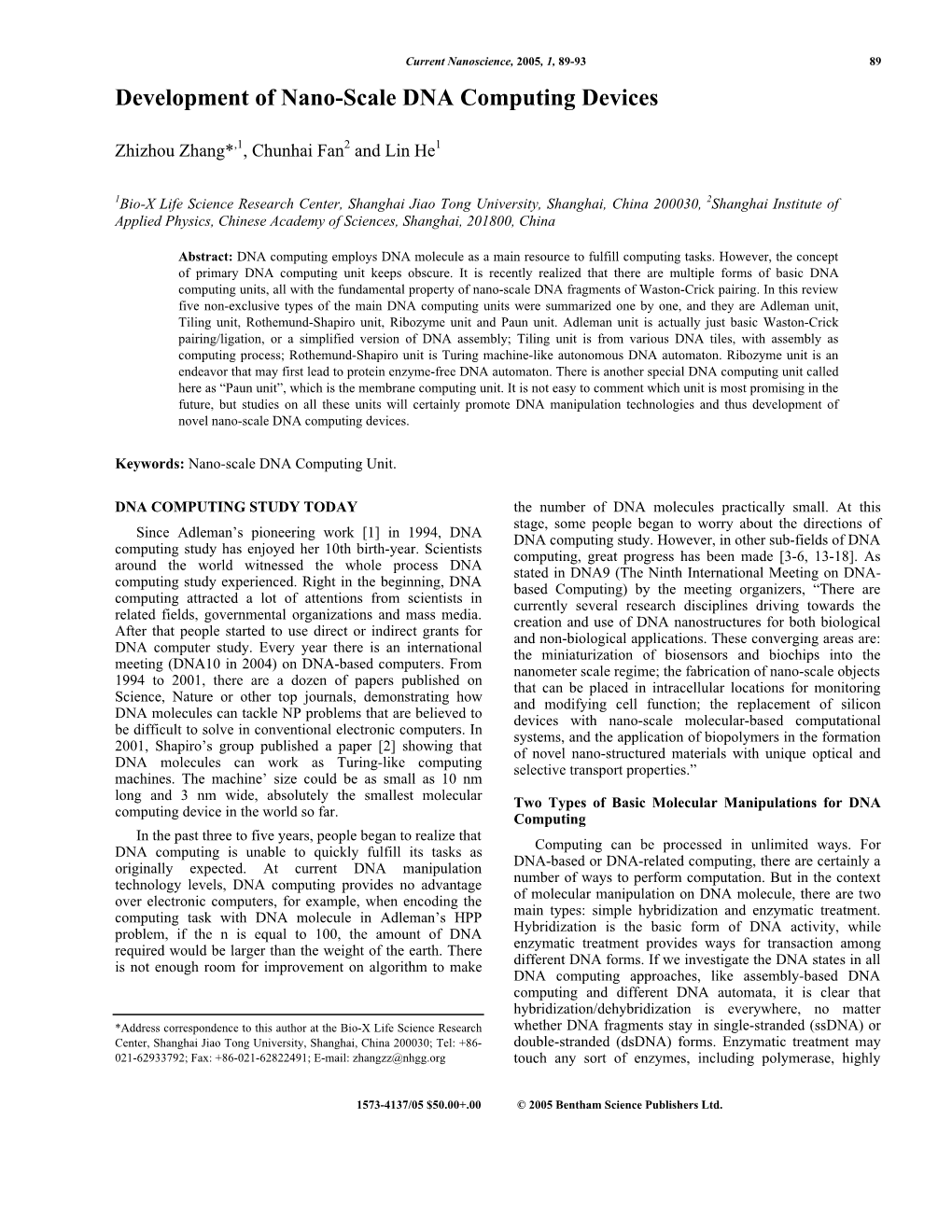 Development of Nano-Scale DNA Computing Devices