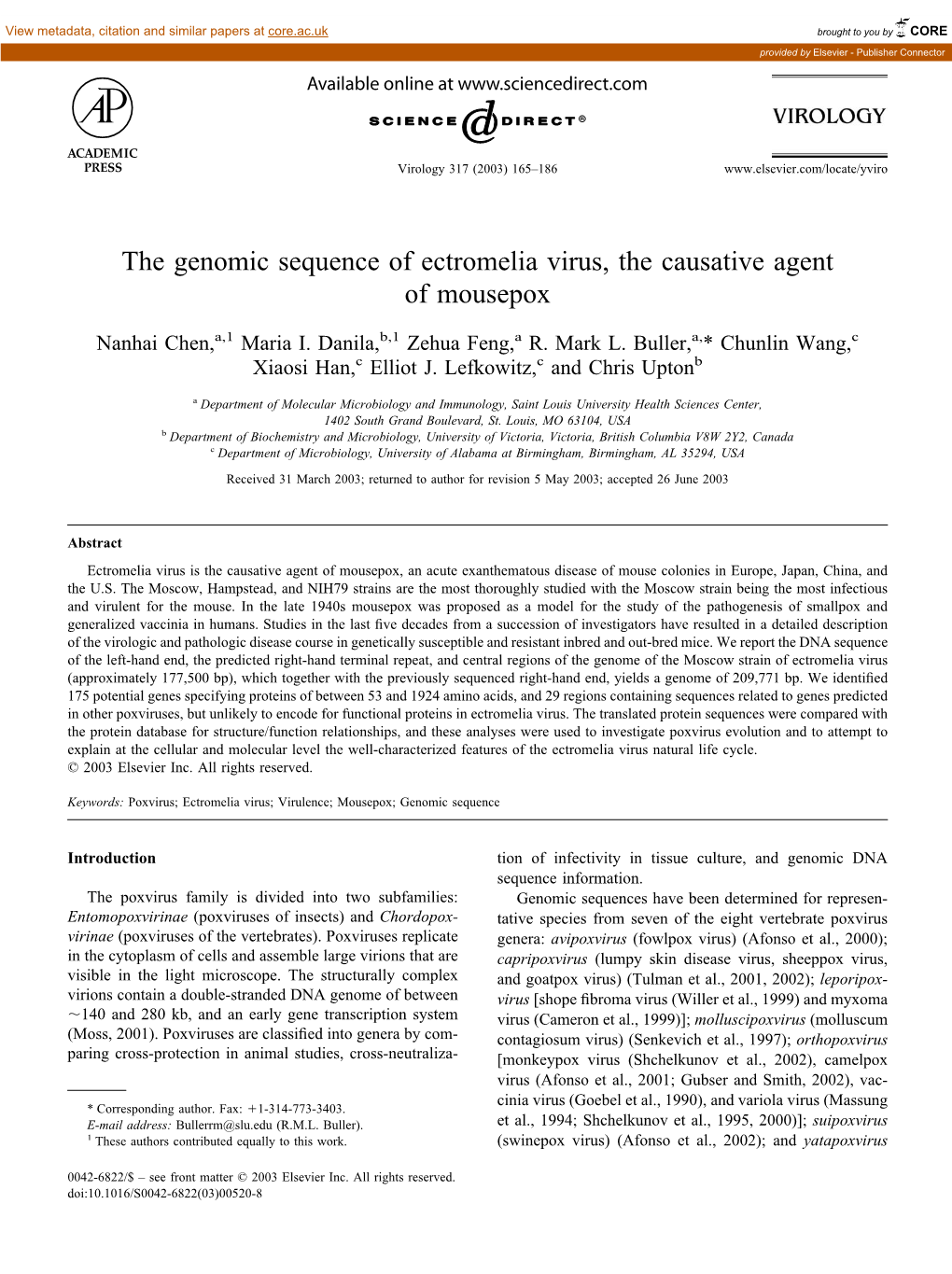 The Genomic Sequence of Ectromelia Virus, the Causative Agent of Mousepox