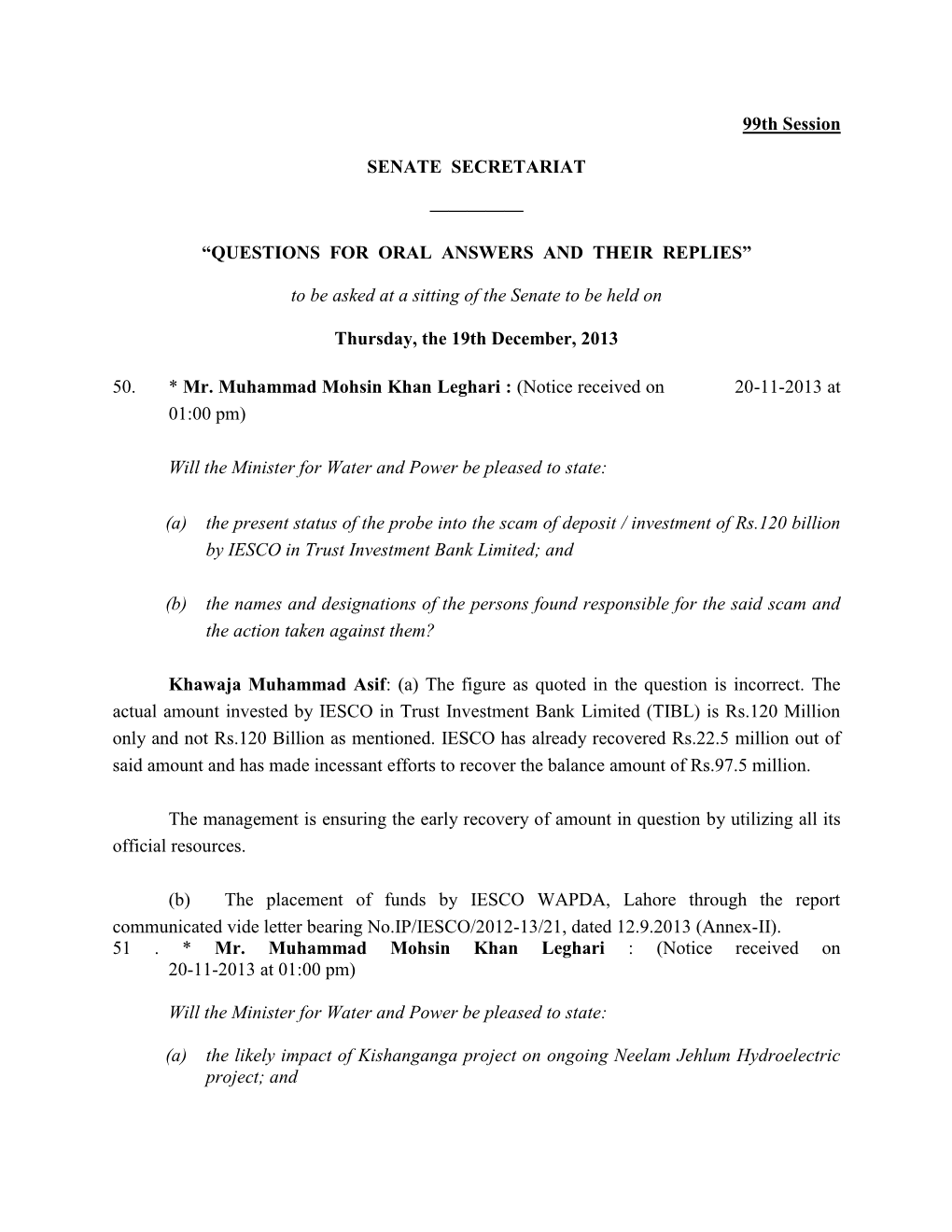 99Th Session SENATE SECRETARIAT ————— “QUESTIONS for ORAL ANSWERS and THEIR REPLIES”