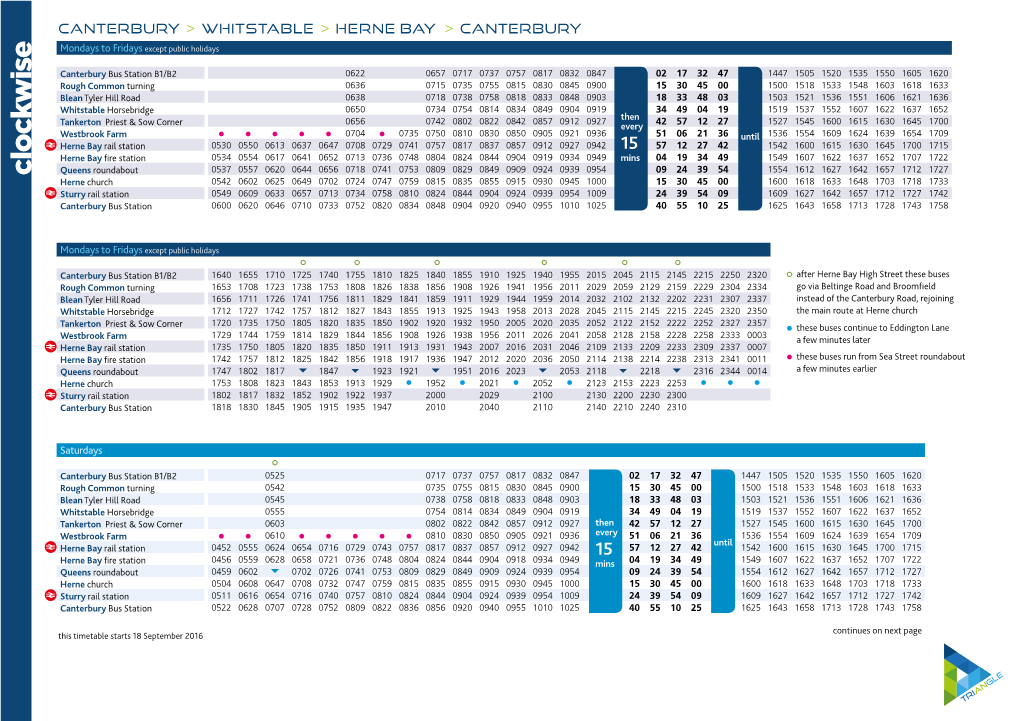 Timetable Starts 18 September 2016 Canterbury > Whitstable > Herne Bay > Canterbury Saturdays