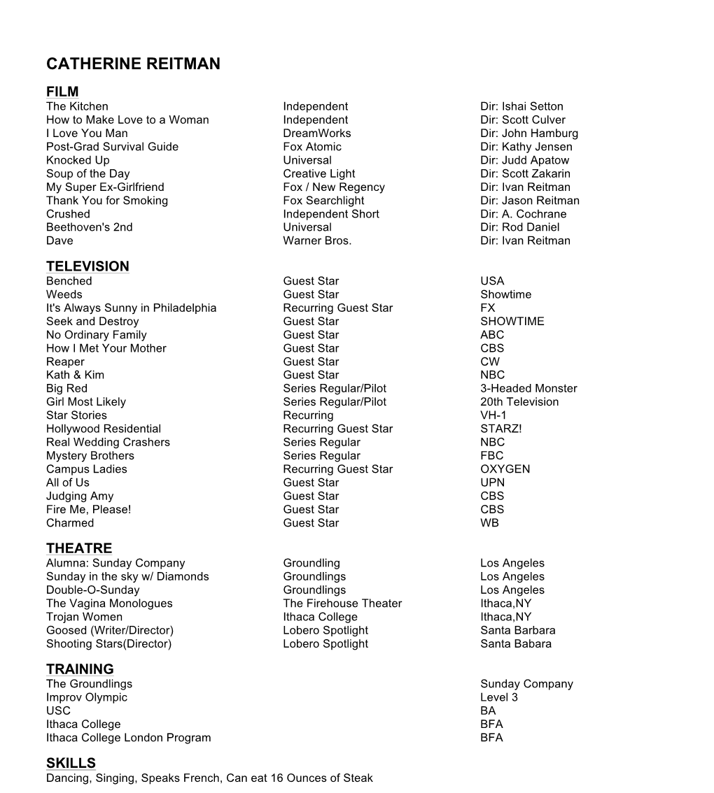 CATHERINE REITMAN Theatrical Resume