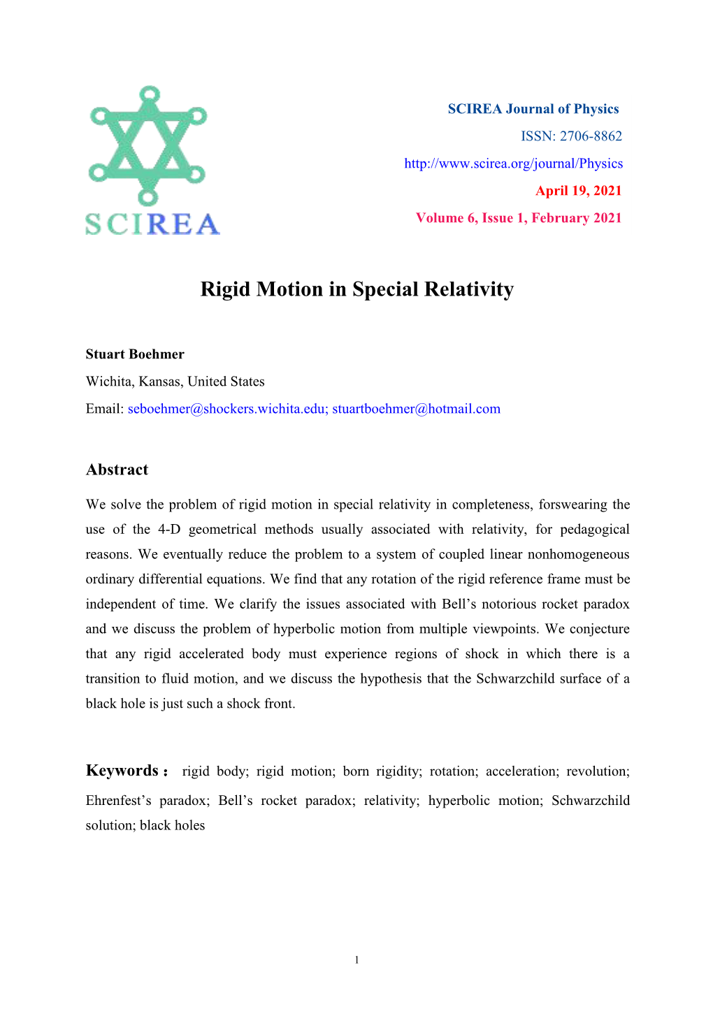 Rigid Motion in Special Relativity