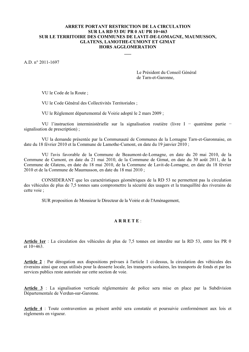 Rd 53 Du Pr 0 Au Pr 10+463 Sur Le Territoire Des Communes De Lavit-De-Lomagne, Maumusson, Glatens, Lamothe-Cumont Et Gimat Hors Agglomeration ___