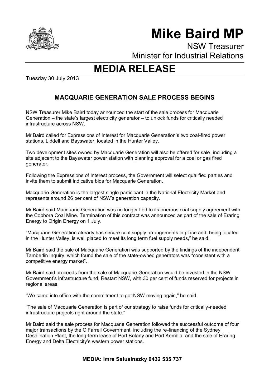 Macquarie Generation Sale Process Begins