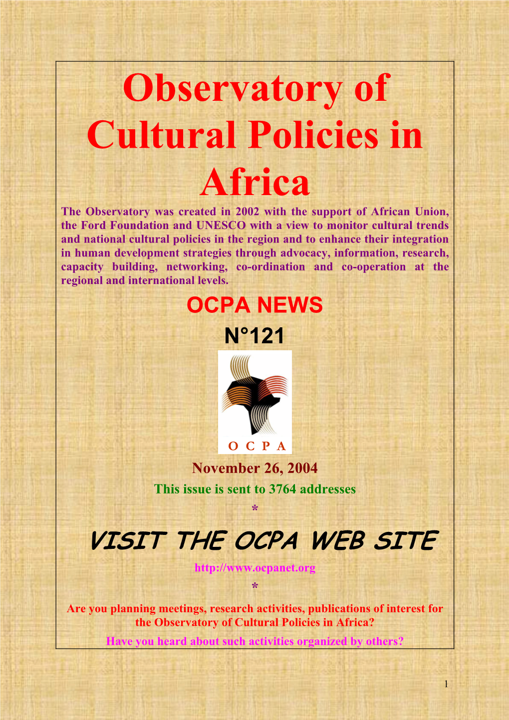 Ocpa News No. 121, 26 November 2004