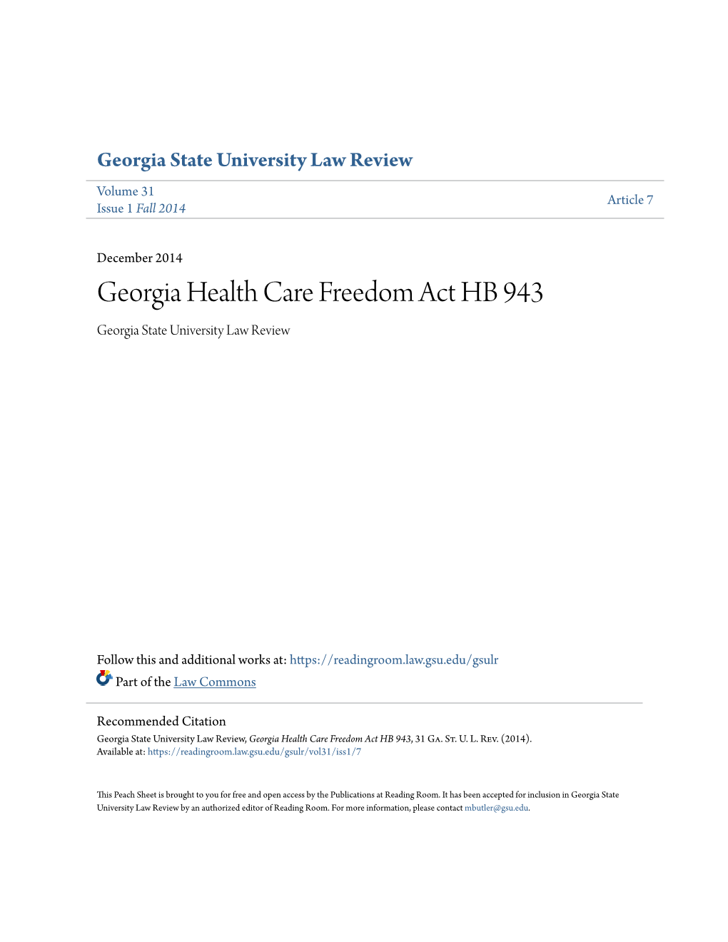 Georgia Health Care Freedom Act HB 943 Georgia State University Law Review