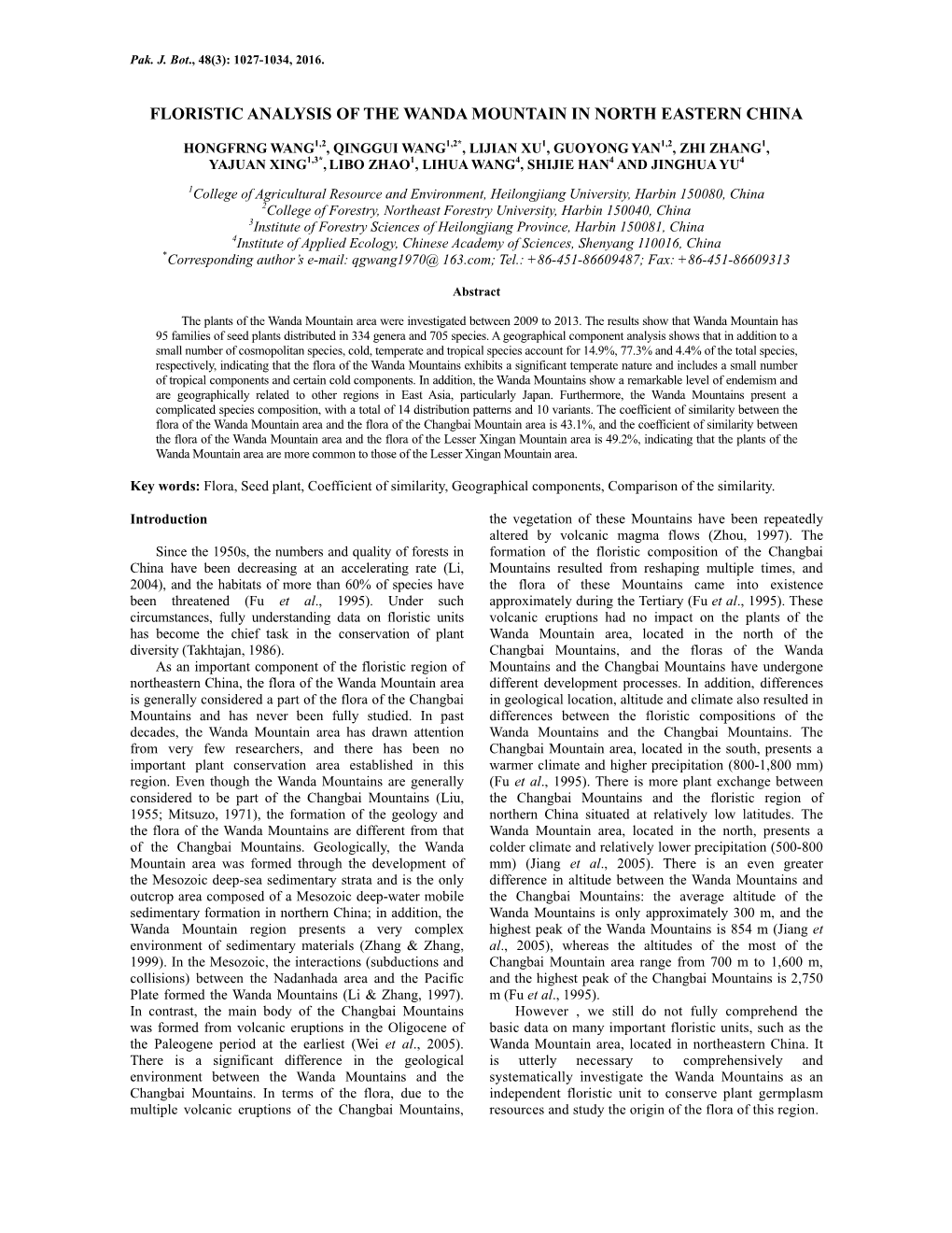 Floristic Analysis of the Wanda Mountain in North Eastern China