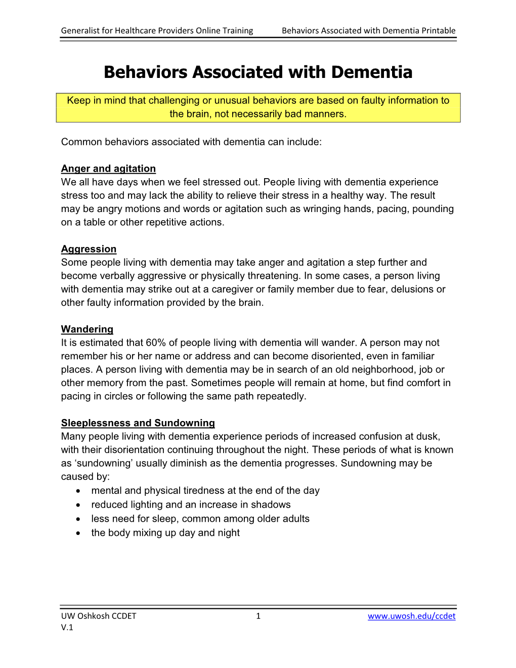 Behaviors Associated with Dementia Printable