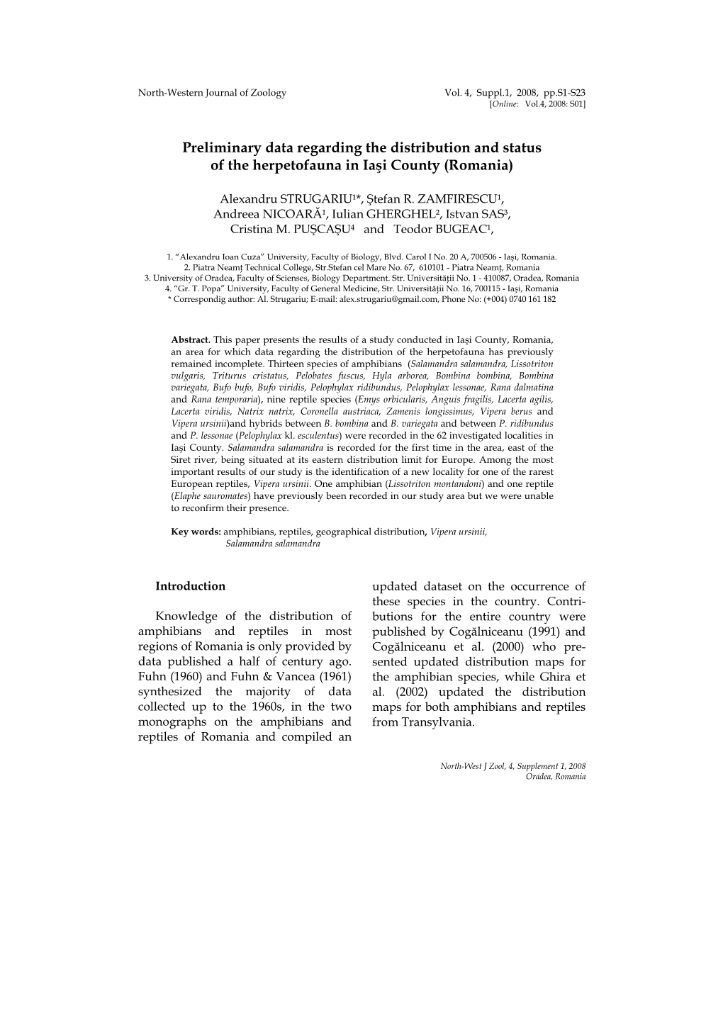 Preliminary Data Regarding the Distribution and Status of the Herpetofauna in Iaşi County (Romania)