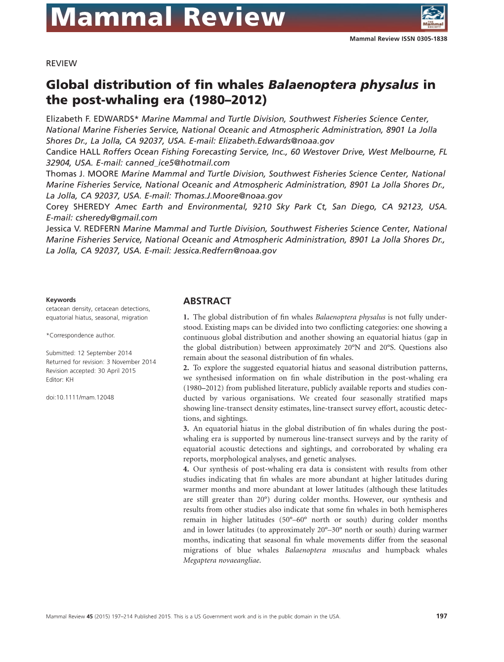 Global Distribution of Fin Whales Balaenoptera Physalus in the Post