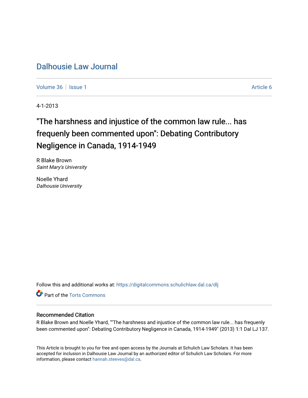 Debating Contributory Negligence in Canada, 1914-1949