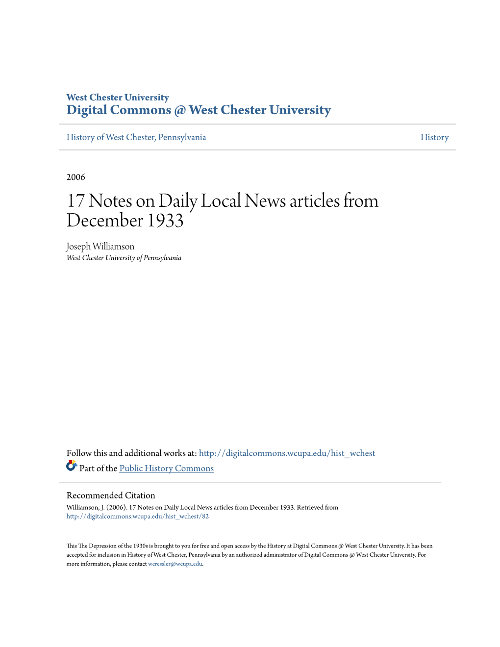 17 Notes on Daily Local News Articles from December 1933 Joseph Williamson West Chester University of Pennsylvania