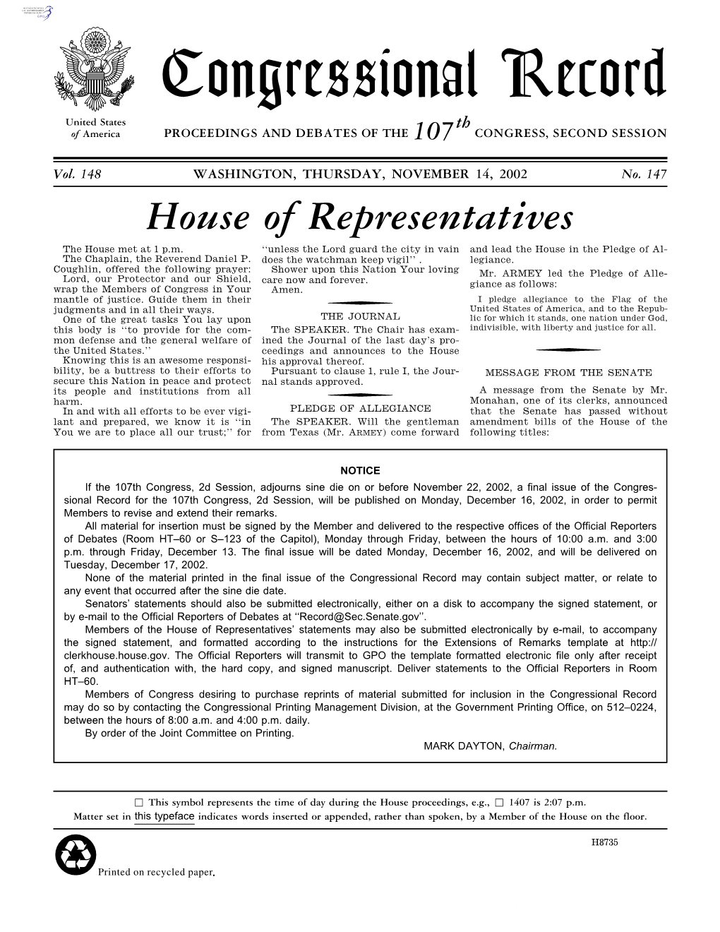 Congressional Record United States Th of America PROCEEDINGS and DEBATES of the 107 CONGRESS, SECOND SESSION