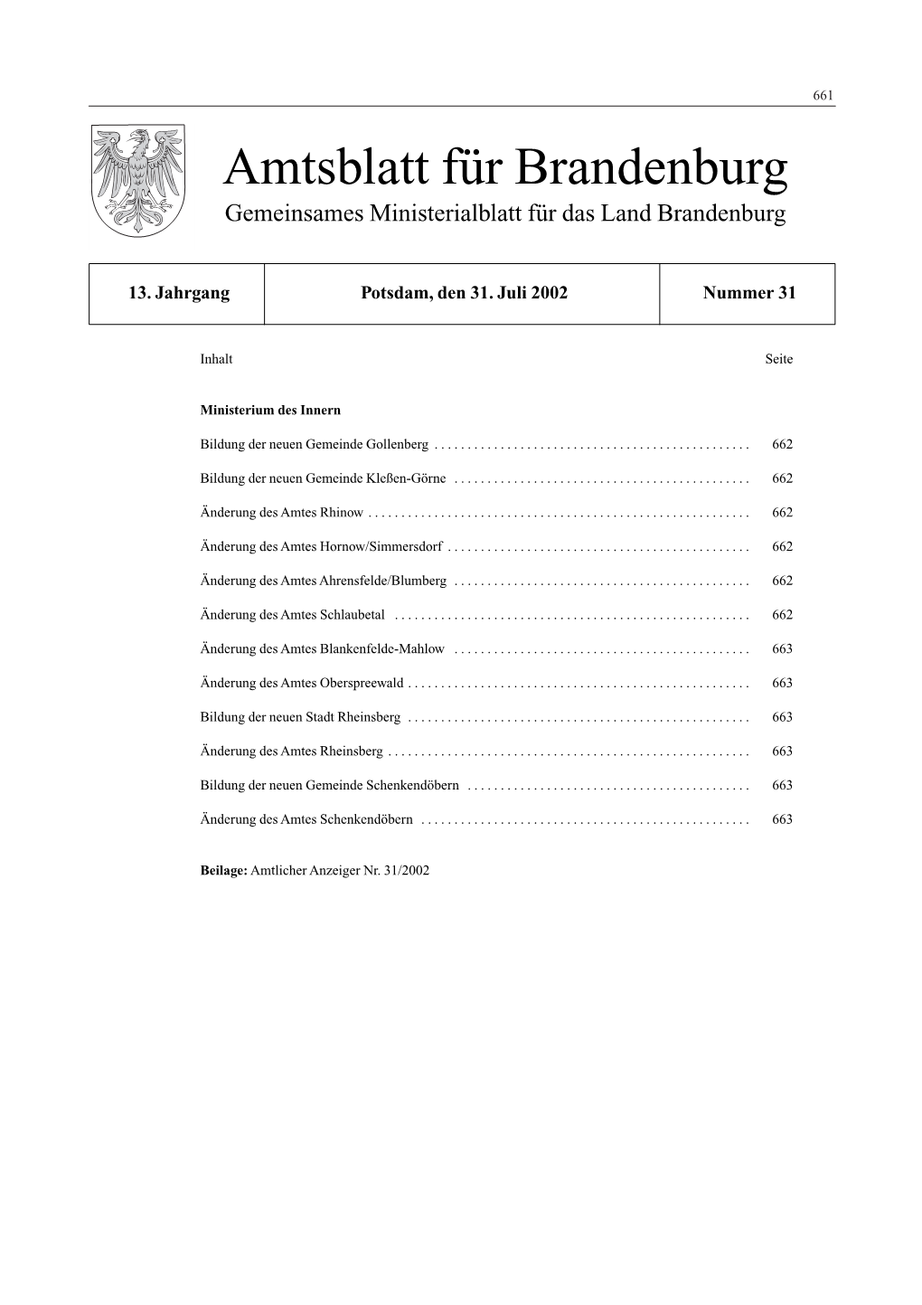 Amtsblatt Für Brandenburg, 2002, Nummer 31, Seiten