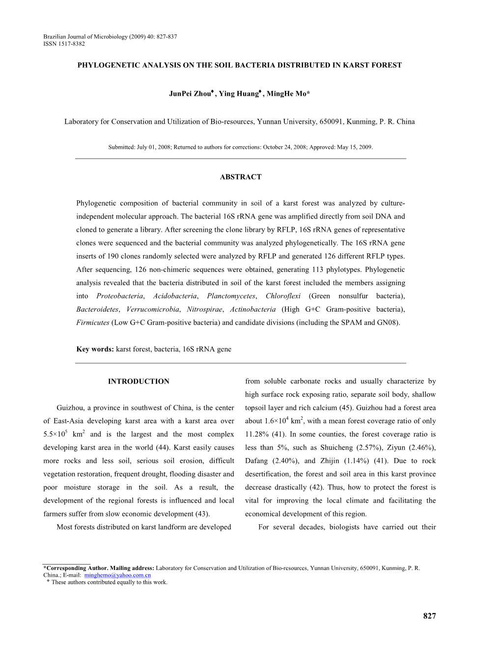 Phylogenetic Analysis on the Soil Bacteria Distributed in Karst Forest