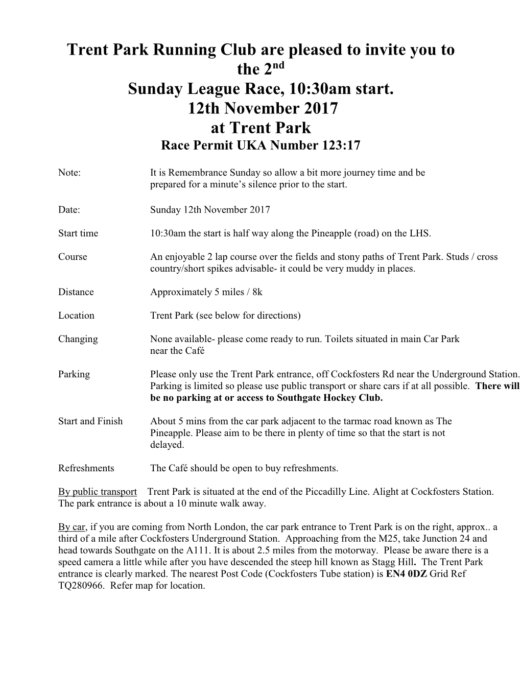 Trent Park Running Club Are Pleased to Invite You to the 2Nd Sunday League Race, 10:30Am Start