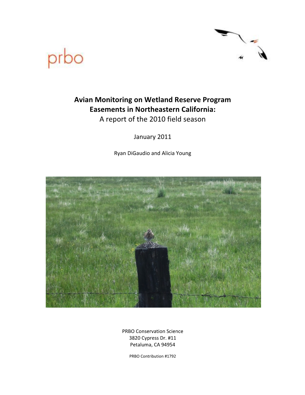 Avian Monitoring on Wetland Reserve Program Easements in Northeastern California: a Report of the 2010 Field Season