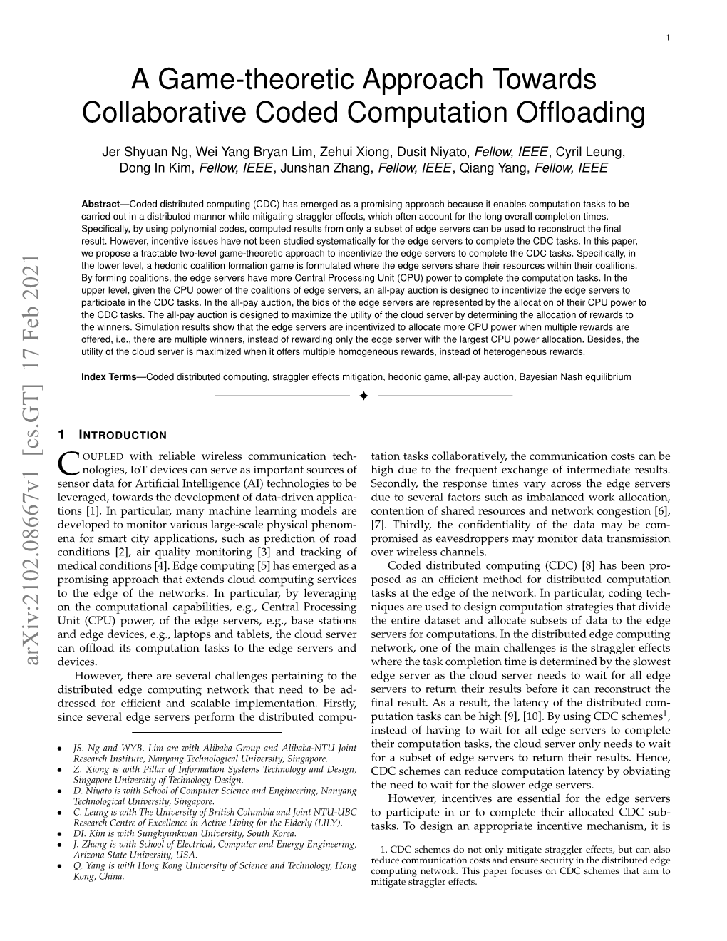 A Game-Theoretic Approach Towards Collaborative Coded Computation Ofﬂoading